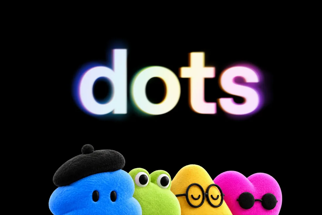 The word dots in glowing letters on a black background. Under it, four soft, brightly coloured characters: a blue one in a black beret, a green one with frog eyes, a yellow one in round glasses and a pink heart in sunglasses.