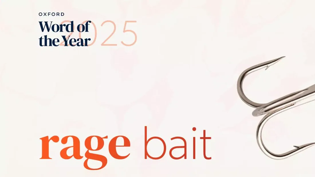 A card reading Oxford Word of the Year 2025, with the words rage bait in large orange letters beside three fish hooks.