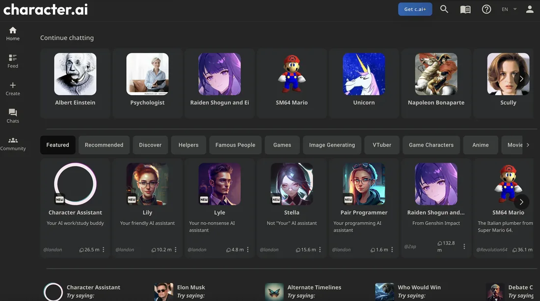 The Character.AI home screen. A row headed Continue chatting shows characters named Albert Einstein, Psychologist, Raiden Shogun and Ei, SM64 Mario, Unicorn, Napoleon Bonaparte and Scully. Under it, a Featured row shows Character Assistant, Lily, Lyle, Stella and Pair Programmer.
