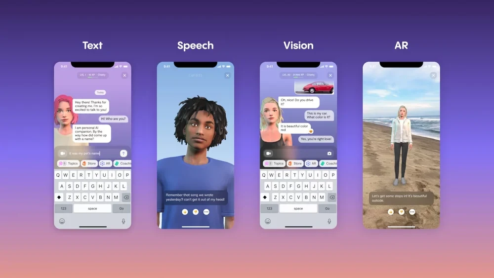 Four phone screens from Replika, headed Text, Speech, Vision and AR. In the first, an avatar says: Hey there! Thanks for creating me. I'm so excited to talk to you! In the others an avatar speaks, comments on a photo of a red car, and stands on a beach.