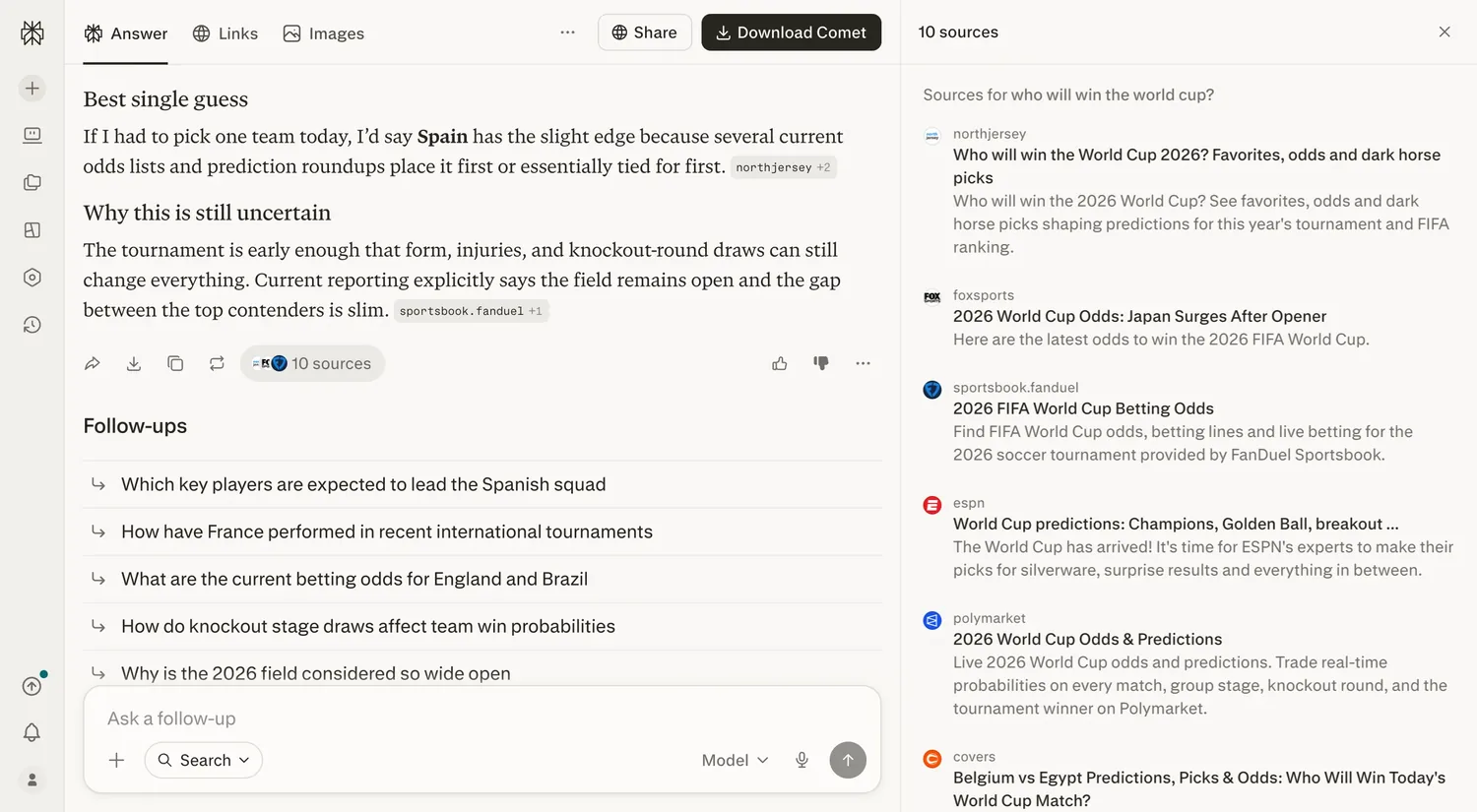A Perplexity answer to the question of who will win the World Cup. Beside the answer, a panel headed 10 sources lists northjersey, foxsports, sportsbook.fanduel, espn, polymarket and covers.