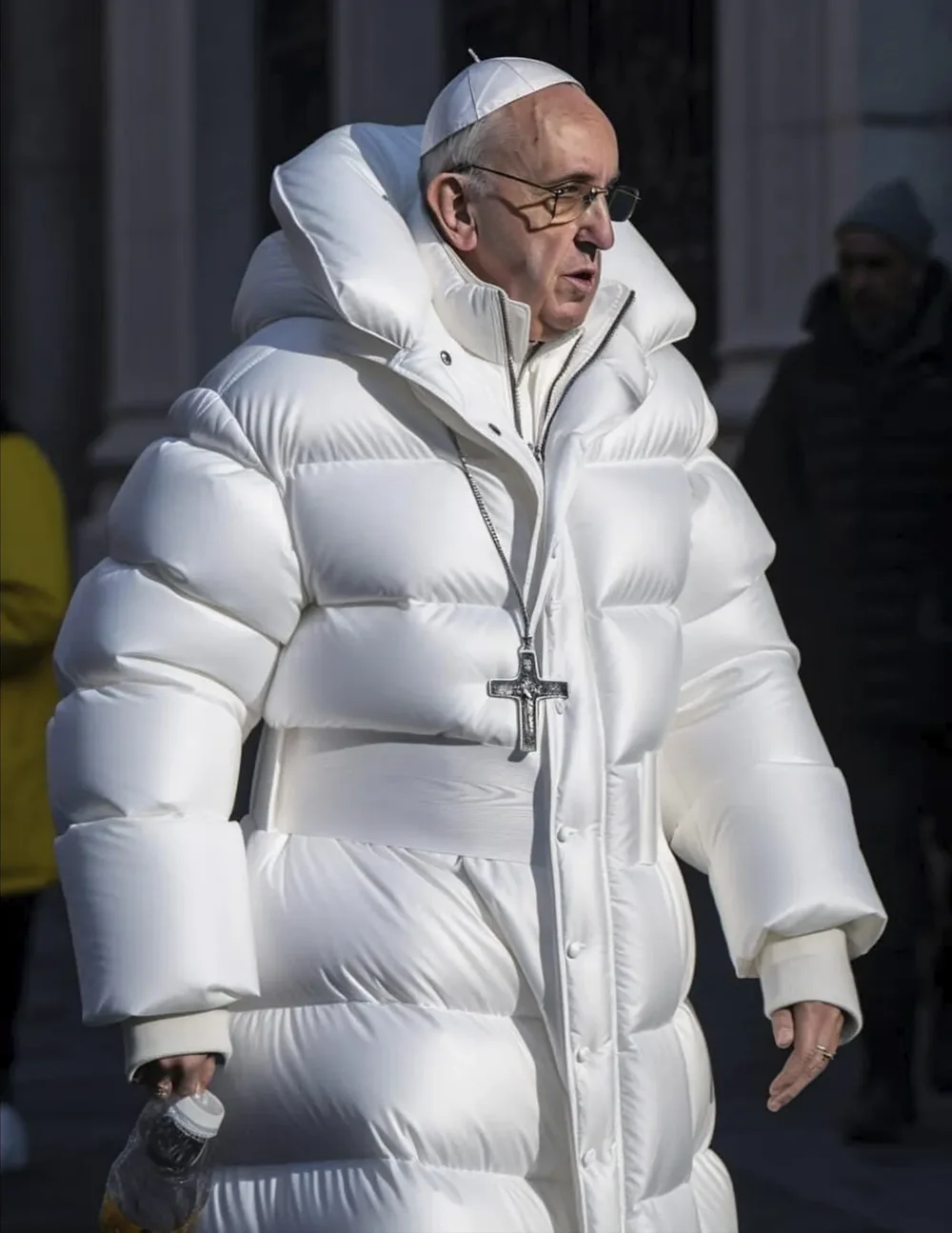 An AI-generated image that looks like a photograph of Pope Francis walking outdoors in a long white quilted puffer coat with a crucifix hanging over it.